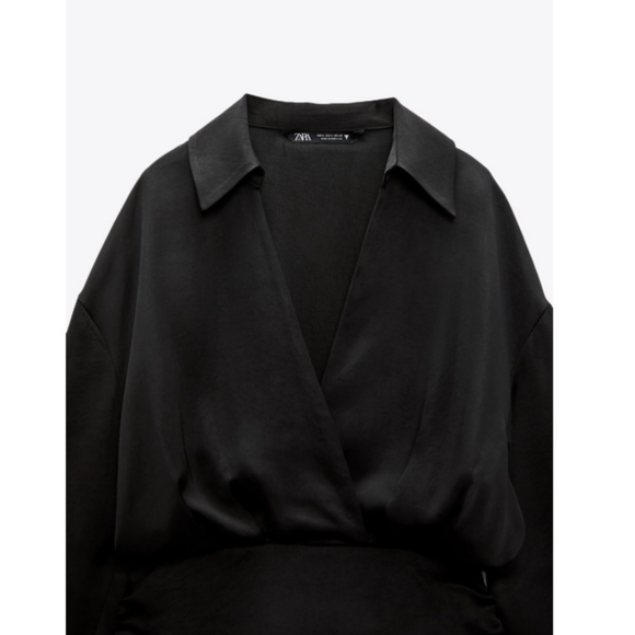 ZARA * SHORT SATIN EFFECT RUCHED DRAWSTRING DRESS Black - Picture 6 of 7